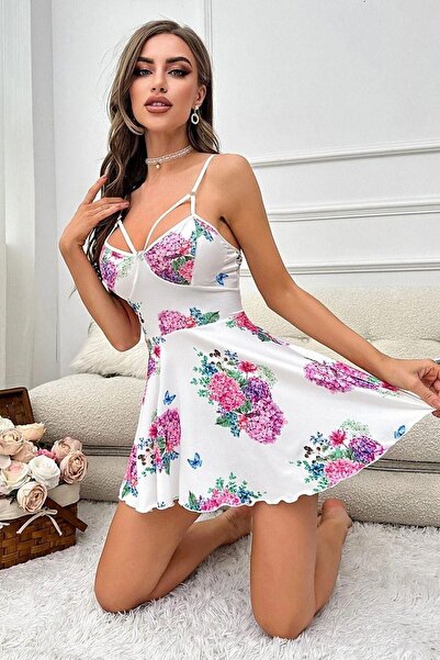 Tarzınbu Νυχτικό με λουλουδάτο εμπριμέ κορδόνι με λεπτομέρειες για το σπίτι