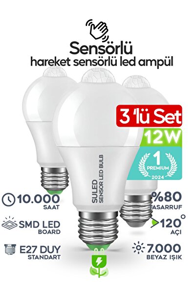 SULED Hareket Sensörlü Led Lamba 3 Adet Ampül Beyaz Işık 12w %80 Tasarruflu Otomatik Yanıp Söner