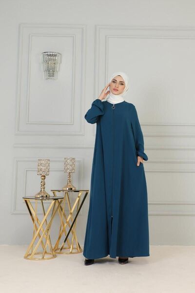 Genel Markalar Boydan Fermuarlı Medine İpeği Ferace BRC2305 Petrol