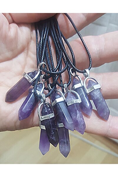 Kardeş Bijuteri Ametis Taşı Prizma Çivi Kesim Doğal Taşlı Siyah Ipli Kolye - 38