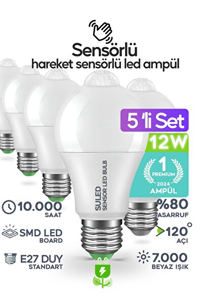 SULED Hareket Sensörlü Led Lamba 5 Adet Ampül Beyaz Işık 12w %80 Tasarruflu O...