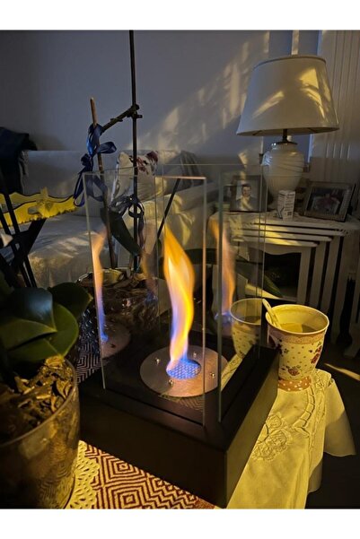 Genel Markalar Masa Üstü Şömine Masaüstü Siyah Kare 1lt Yakıt Ve Beyaz Taş Hediyeli