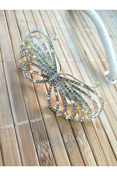 GÜLPEŞE دبوس شعر معدني على شكل فراشة أوتوماتيكي من حجر الكريستال الذهبي