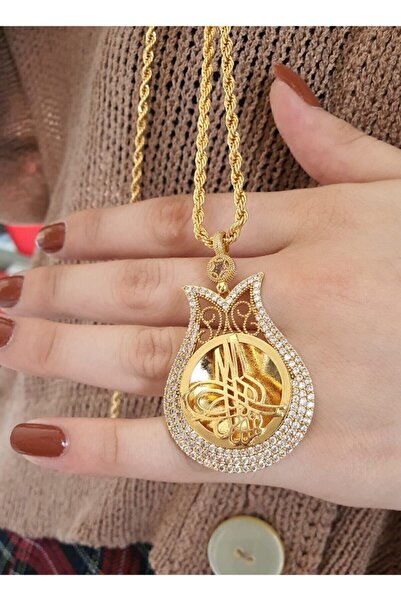 Genel Markalar 22 Ayar Altın Kaplama Zirkon Taşlı Tuğralı Kolye