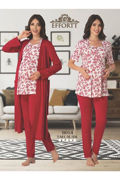Effortt Women's Red Pattern Maternity 3-Piece Set with Dressing Gown