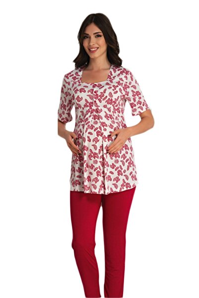 HAMİLE ÇARŞISI Women's White Cherry Effortt 8012 Patterned Maternity Pajama Set