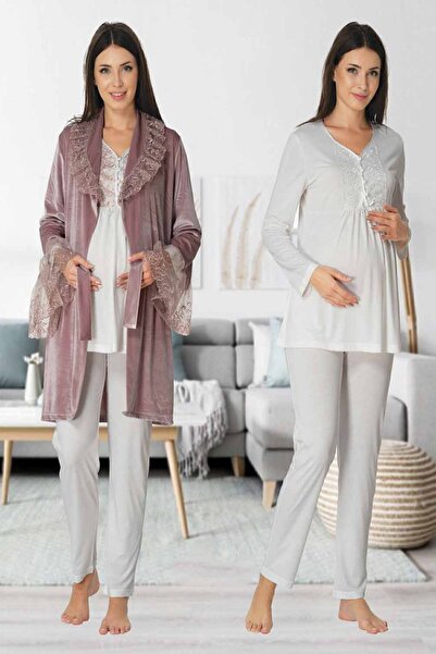 Effortt Set de pijamale de maternitate din catifea de culoare pudra 8088 Mays...