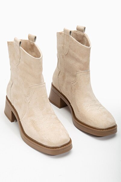 She Beige Suede Short Western Cowboy Boots - Thick Non-Slip and Embroidery Detail