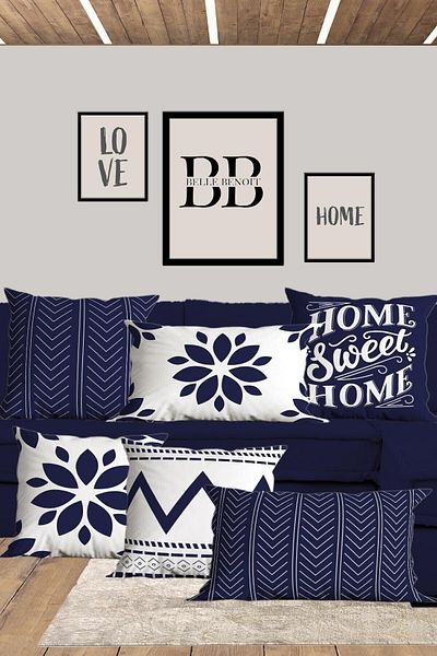 Belle Benoit Set de huse de perne pătrate, dreptunghiulare, 30 x 50 și 43 x 43, cu 6 piese, cu imprimeu dublu, albastru, alb, modern