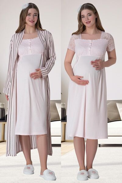 ByLohusa Çizgili Uzun Sabahlıklı Hamile Lohusa Gecelik Takım
