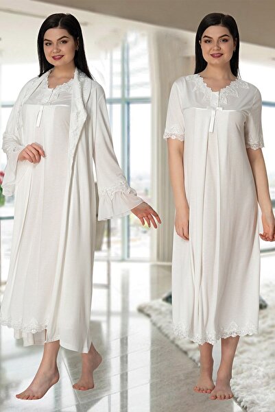 ByLohusa Комплект нощница за бременни Effott Ecru с пеньоар