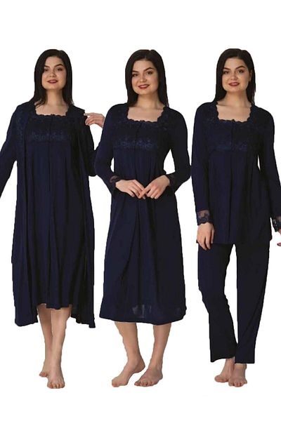 Effortt Zerre Bebe Women's Navy Blue Maternity Long Sleeve Dressing Gown, Pajamas, Nightgown Set of 4