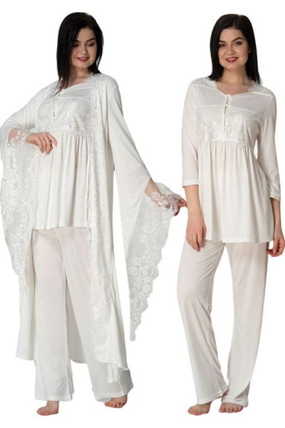 Effort Pijama Women's Ecru Princess Maternity Pajamas Set with Dressing Gown 3015