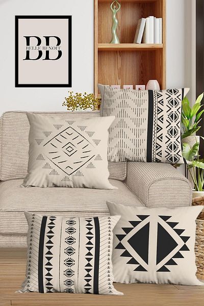 Belle Benoit Μπεζ και μαύρο Bohemian Design - Σετ 4 εμπριμέ διακοσμητικών καναπέδων και μαξιλαριών