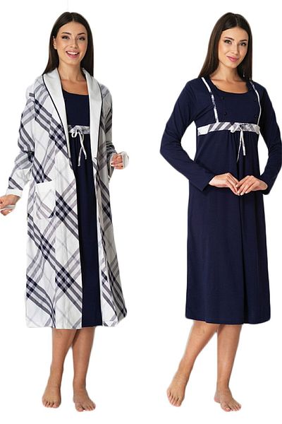 E&C HAMİLE ÇARŞISI Effortt 8085 Navy Blue Maternity Nightgown with Dressing Gown