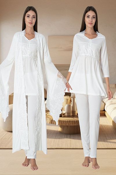 ByLohusa Effortt Ecru Maternity Pajama Set with Dressing Gown
