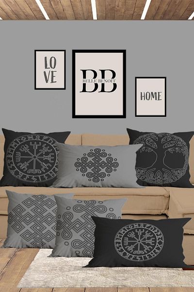 Belle Benoit Modern Grey Viking - Set de 6 huse de pernă cu imprimare pe două fețe, dreptunghi 30x50 și 43x43