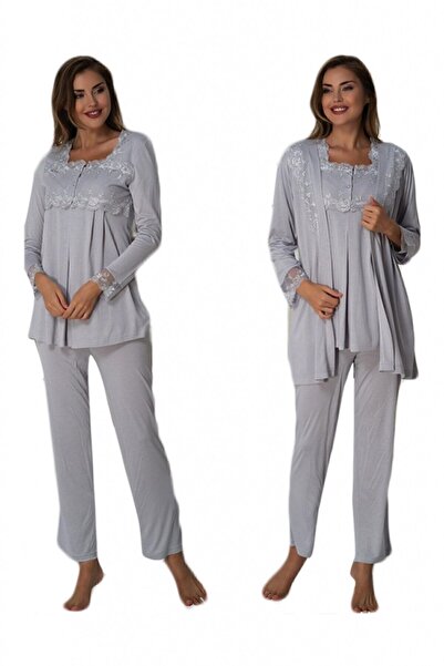 Effortt طقم بيجامة للحوامل بأكمام طويلة باللون الرمادي مع ثوب صباحي 2401