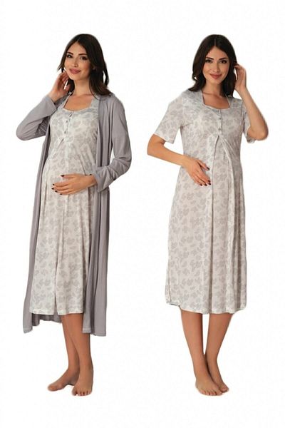 HAMİLE ÇARŞISI Effortt 8015 Gray Maternity Nightgown with Dressing Gown