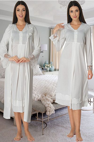 Effort Pijama Zerre Baby Women's Ecru Maternity Long Sleeve Nightgown Set with Dressing Gown