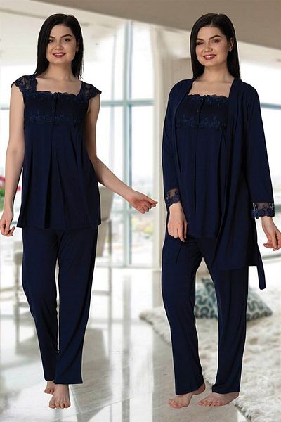 ByLohusa Effortt Navy Blue Maternity Pajama Set with Dressing Gown