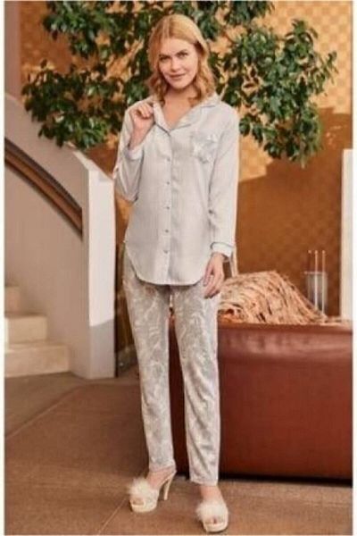 By Mecit Pijama Set pijamale cu dungi albastre pentru femei