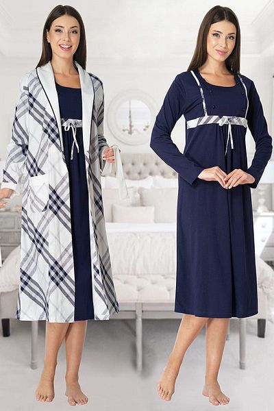 Effort Pijama Zerre Bebe Women's Navy Blue Long Sleeve Maternity Maternity Nightgown Set with Dressing Gown