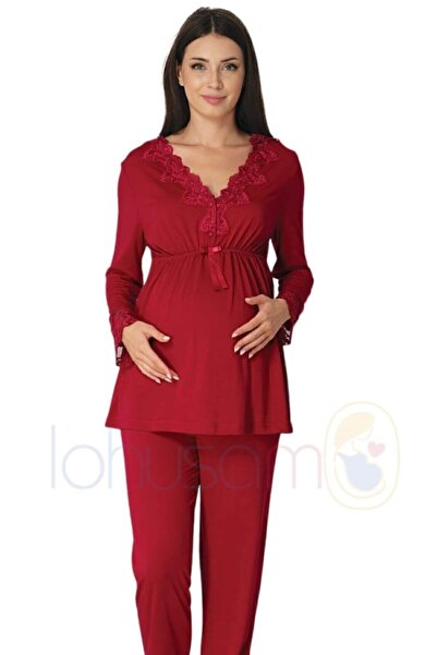 Effortt 8092 Lace Decorated Cherry Maternity Pajamas Set