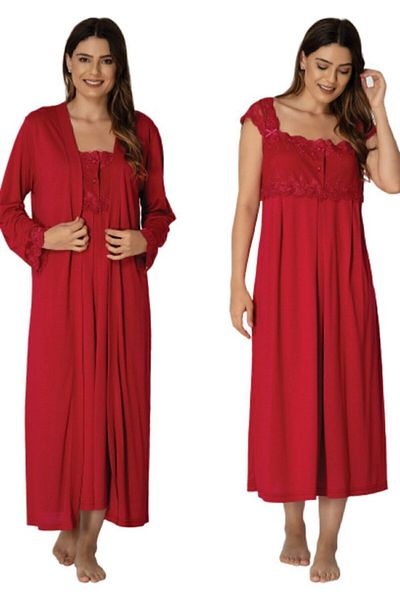 Effort Pijama Set cămașă de noapte pentru maternitate, roșu, cu mânecă scurtă, cu halat 2302