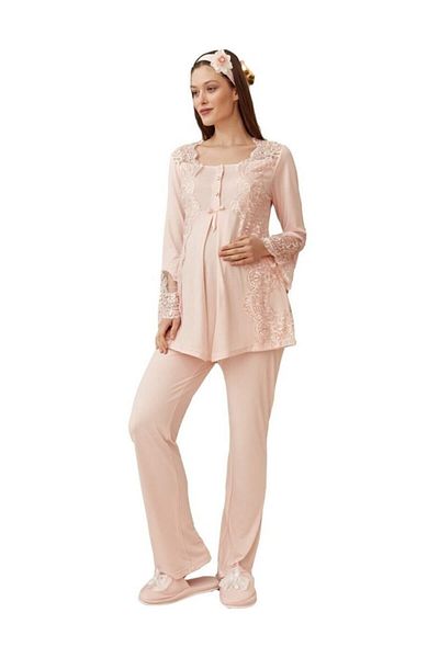 Mecit Pijama طقم بيجامة للحوامل مزين بالدانتيل باللون الوردي