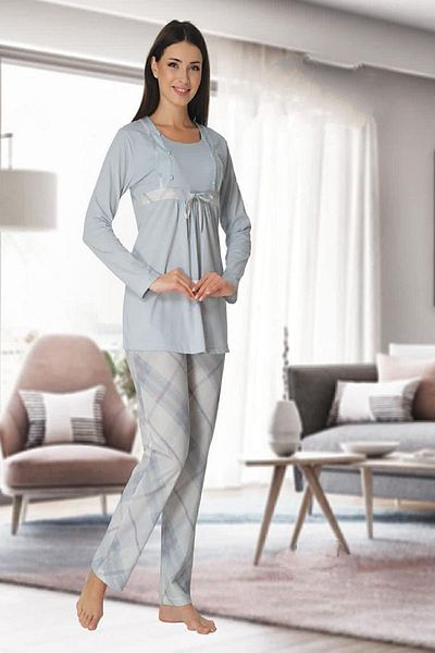 Effort Pijama Zerre Bebe Women's Blue Checkered Long Sleeve Pajamas Set Nightgown Dressing Gown Maternity Pregnant 4 Pieces Set 8086