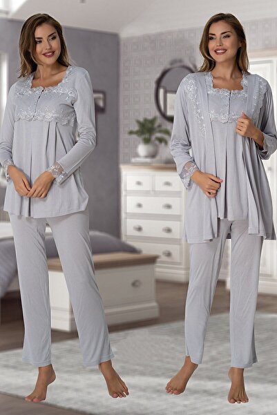 ByLohusa Σετ πιτζάμες εγκυμοσύνης Effortt Grey με ρόμπα