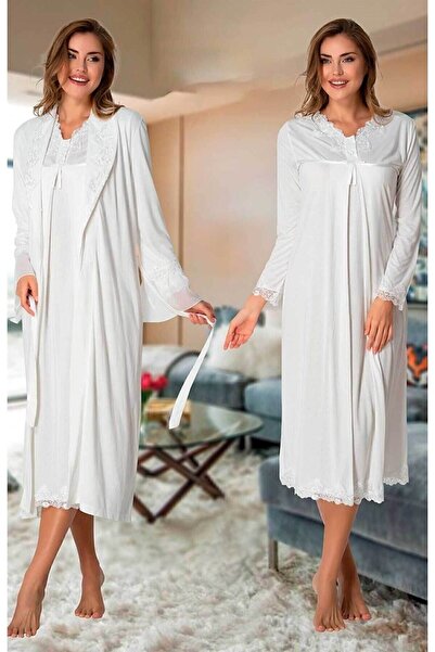 Effortt 7035 Set cămașă de noapte de maternitate ecru cu halat de toaletă