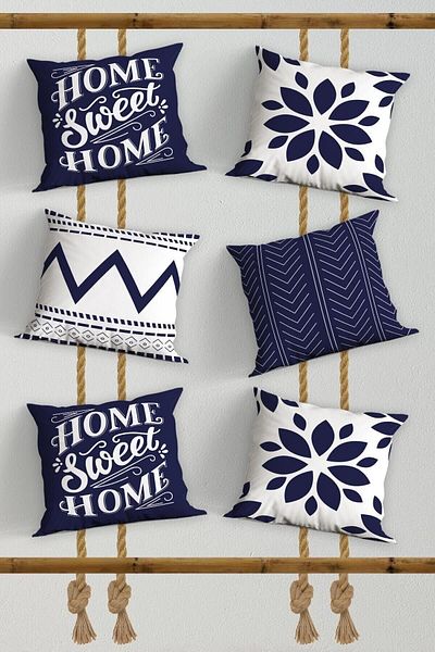 Belle Benoit 6 bucăți cu design albastru închis, alb, imprimat, decorativ, față de pernă pentru canapea, set de huse de pernă