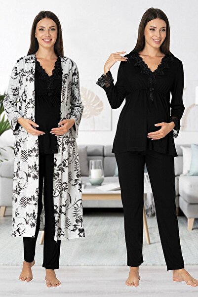 Effortt Σετ πιτζάμες εγκυμοσύνης με μαύρο σχέδιο με Peignoir