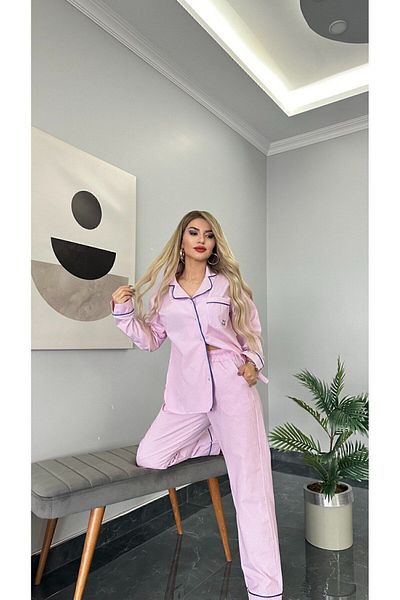 MİMİ Luxury Wear Women's Pajama Set Cotton Polyester Woven Buttoned Striped Piping