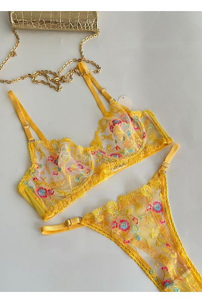 BELINGE Set sutien și chiloți cu flori galbene