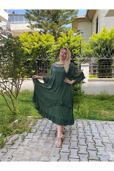 AKŞEN GİYİM PLUS SIZE AUTHENTIC COTTON VUAL FABRIC LACE DETAIL 40-42-44-46-48-50 STND DRESS SUITABLE FOR SIZES