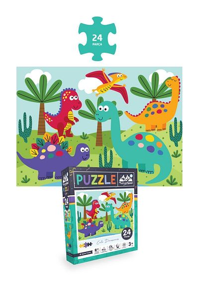 Neverland 4-Piece Children's Puzzle - 24 P. Cute Dinosaurs and Farm Animals and 50 P. Bus and Moon Animals