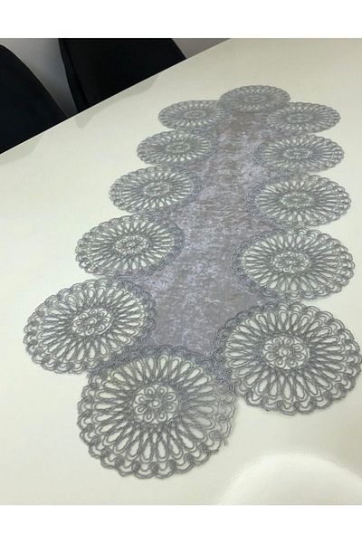 WENESSİ Anglez Cord Embroidered Velvet Runner Gray