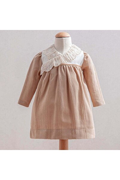 Tongs Nakışlı Kız Bebek Elbise - Bej