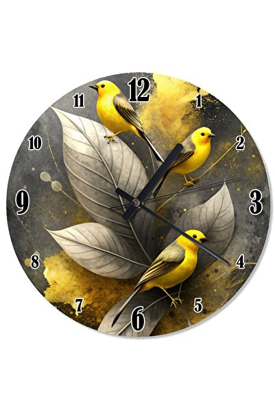 ekart Sarı Serçeler Ve Yapraklar Baskılı Duvar Saati