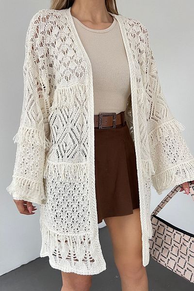 Cistern İstanbul Women's Ecru Tassel Detailed Long Openwork Sweater Cardigan