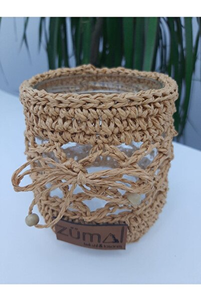 ZÜMAL El Örgüsü Hasır Ip Dekoratif Cam Vazo Ve Çok Amaçlı Mumluk 1 Adt ( Renk...