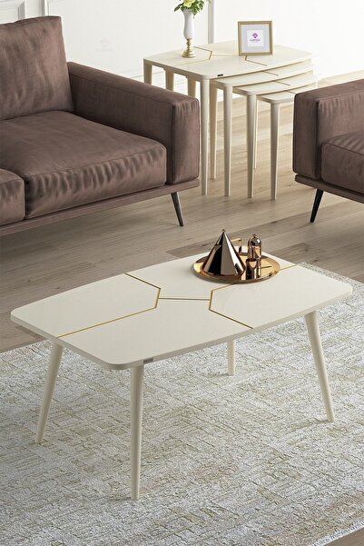 Canisa Lyon Serisi Krem Mdf Lake Boyalı Orta Sehpa Krem Ayaklı