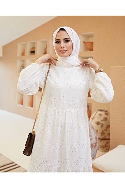 She Olive Guipure Hijab Dress-white