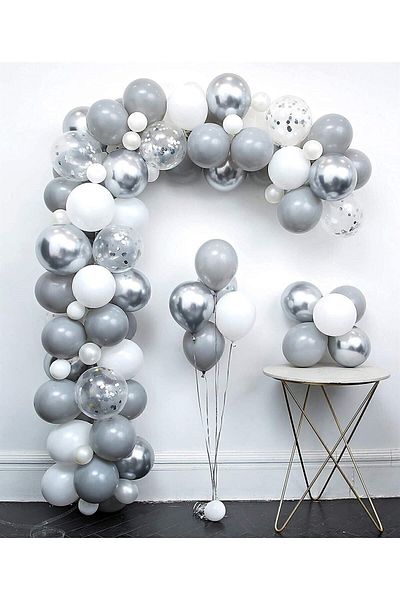 HKNYS 125 Pieces Gray White Transparent Silver Confetti Chrome Balloon Set 5 m Balloon Chain