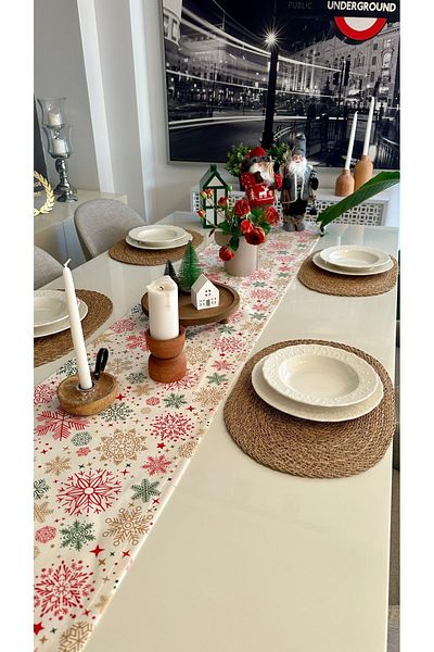 Decamor home New Year Themed Ecru Red Runner Christmas Table Christmas Runner