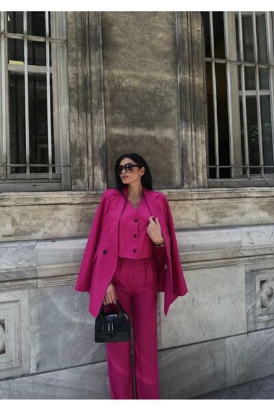 MYGİYİMİSTANBUL len kabát mellény palazzo nadrág 3 részes öltöny