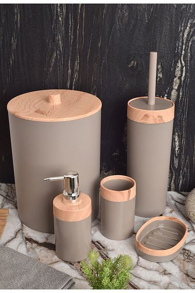 bersachef Limpia Bamboo Pattern Σετ Μπάνιου 5 τεμαχίων Κάδος σκουπιδιών Δοχείο υγρού σαπουνιού Θήκη οδοντόβουρτσας Κουτί Σετ μπάνιου Κρέμα